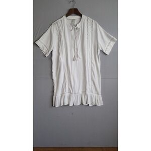 White Eyelet Lace Tassel Tie Mini Dress Short Sleeve Boho Ruffle Hem Large